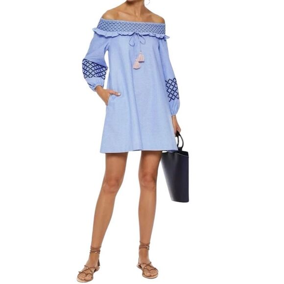 Rebecca Minkoff Blue Chambray Boho Off The Shoulder Shift Golde Dress Size XS - Picture 1 of 6